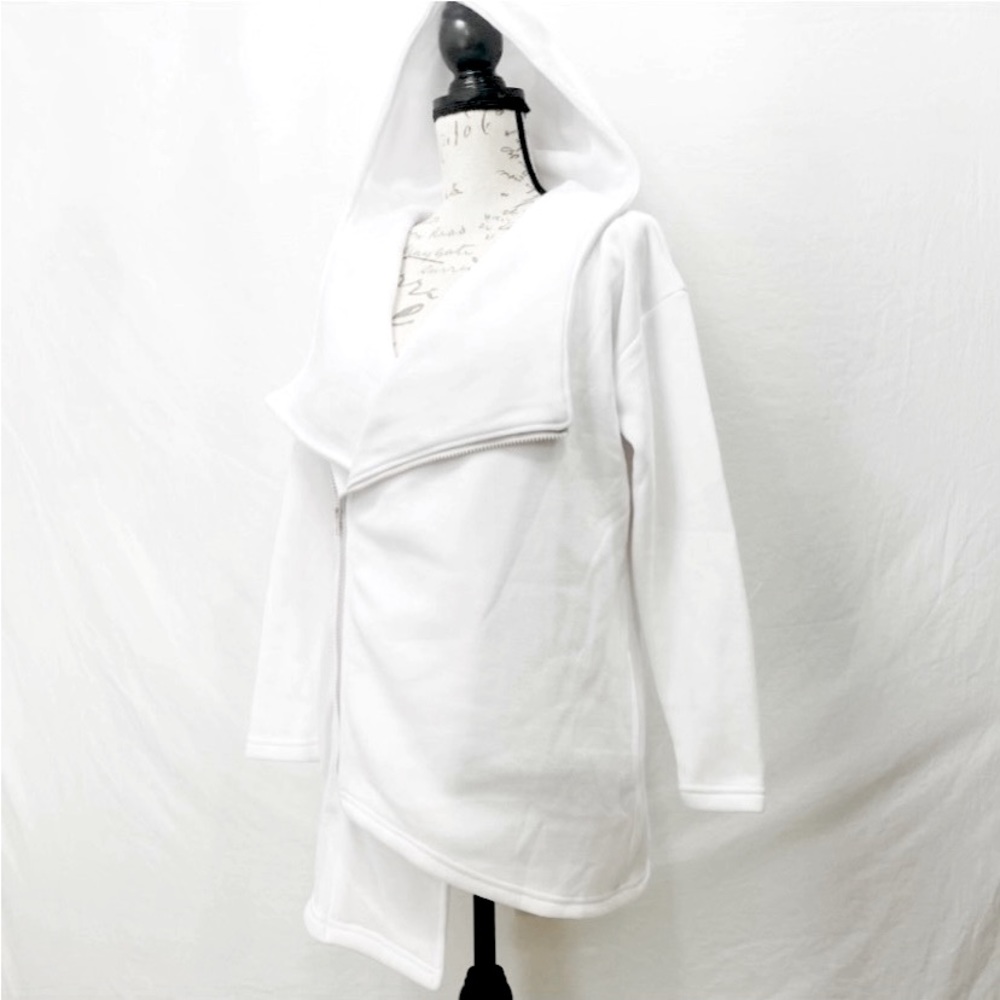 White Zip Up Asymmetrical Front Jacket with Attached Hood Side Pockets NWOT Med